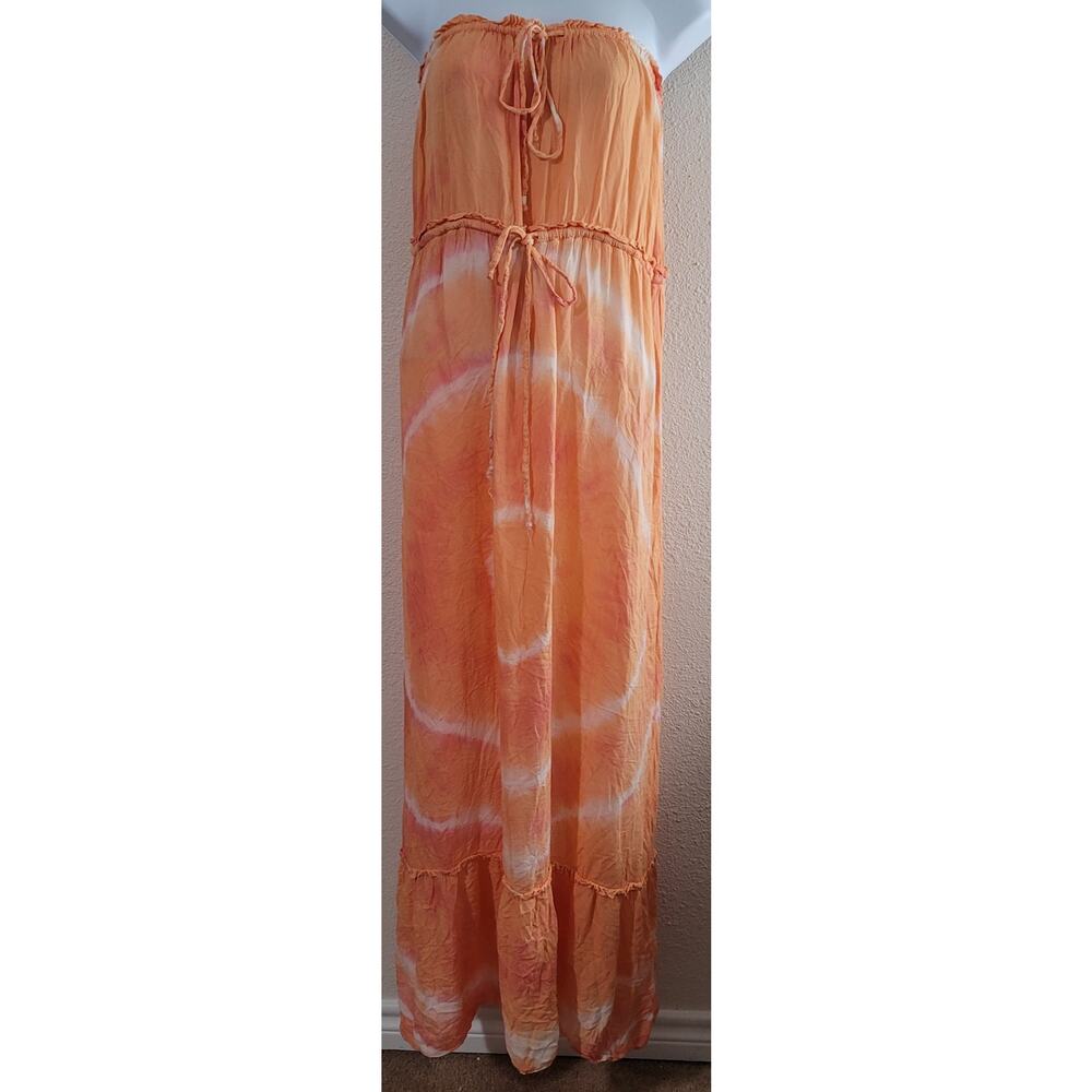 En Creme Orange White Tie Dyed Strapless Maxi Dress S Boho Flowy Drawstring Soft